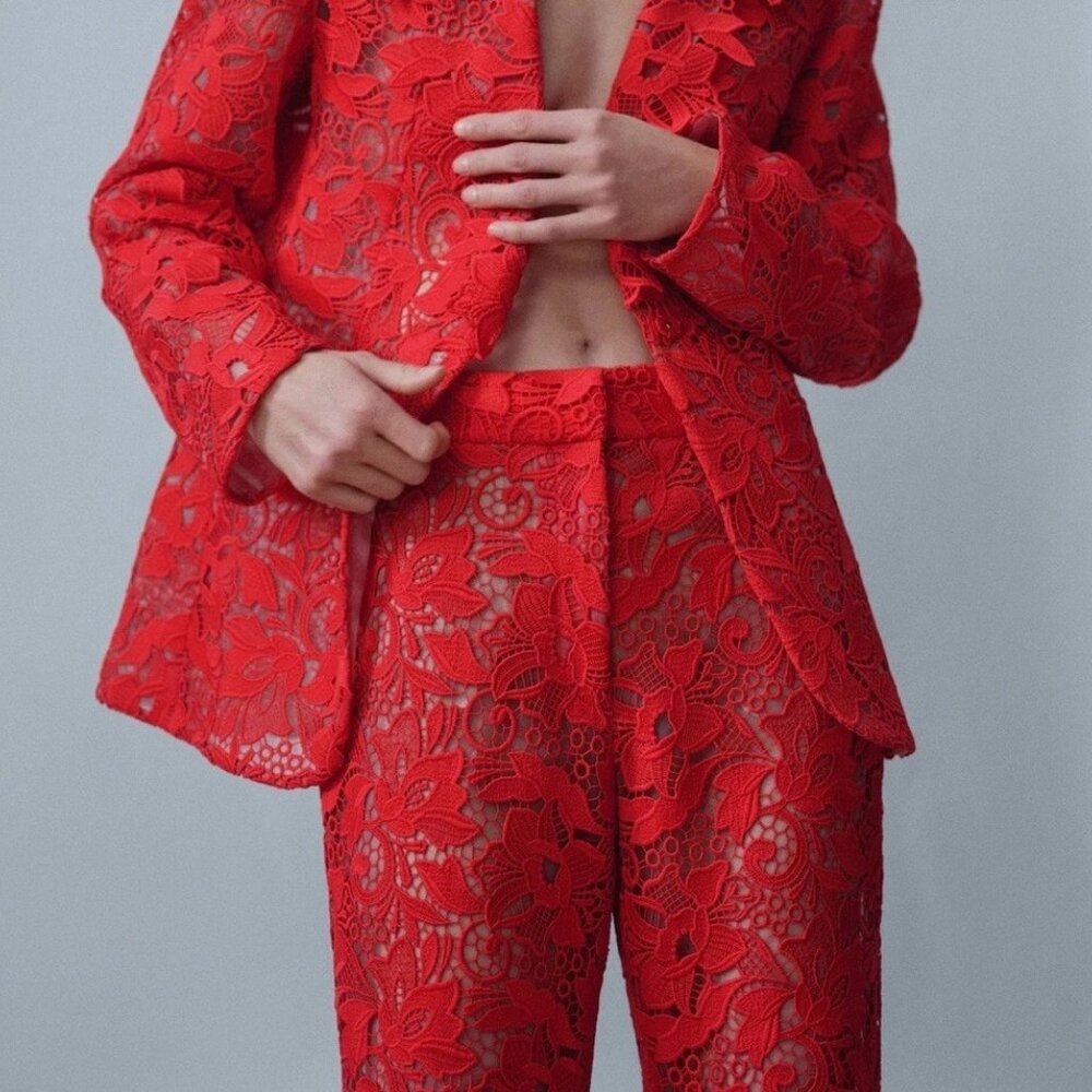 Mango Red Lace Wide Leg Pants - Picture 2 of 10